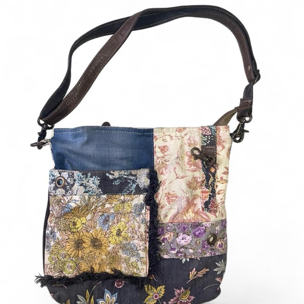 Myra Floral Patchwork Shoulder Bag with leather strap
